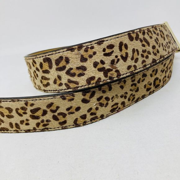 Leopard Print Leather Belt with Gold Toned Square Buckle Women Size Small 28-32” - Picture 4 of 8